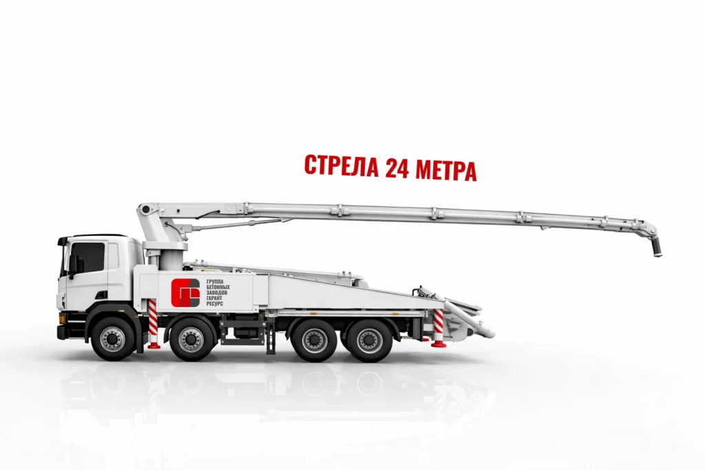 Автобетононасос со стрелой 24 м для подачи бетона на строительном объекте в Подольске